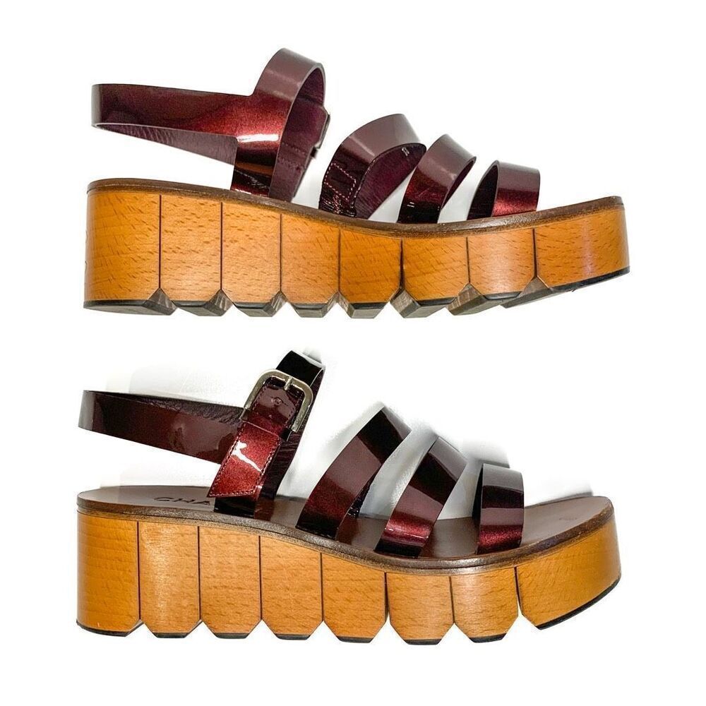 Chanel Burgundy Patent Leather CC Logo Wooden Platform Sandals EU 38 US 7-7.5 - Picture 7 of 12